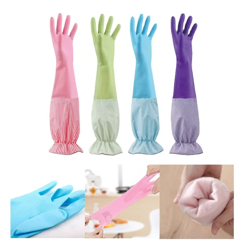 Long Sleeves Dishwashing Glove Stripe Pattern Velvet Lining Cleaning Glove Antiskid Lotus Leaf Mouth Rubber Glove