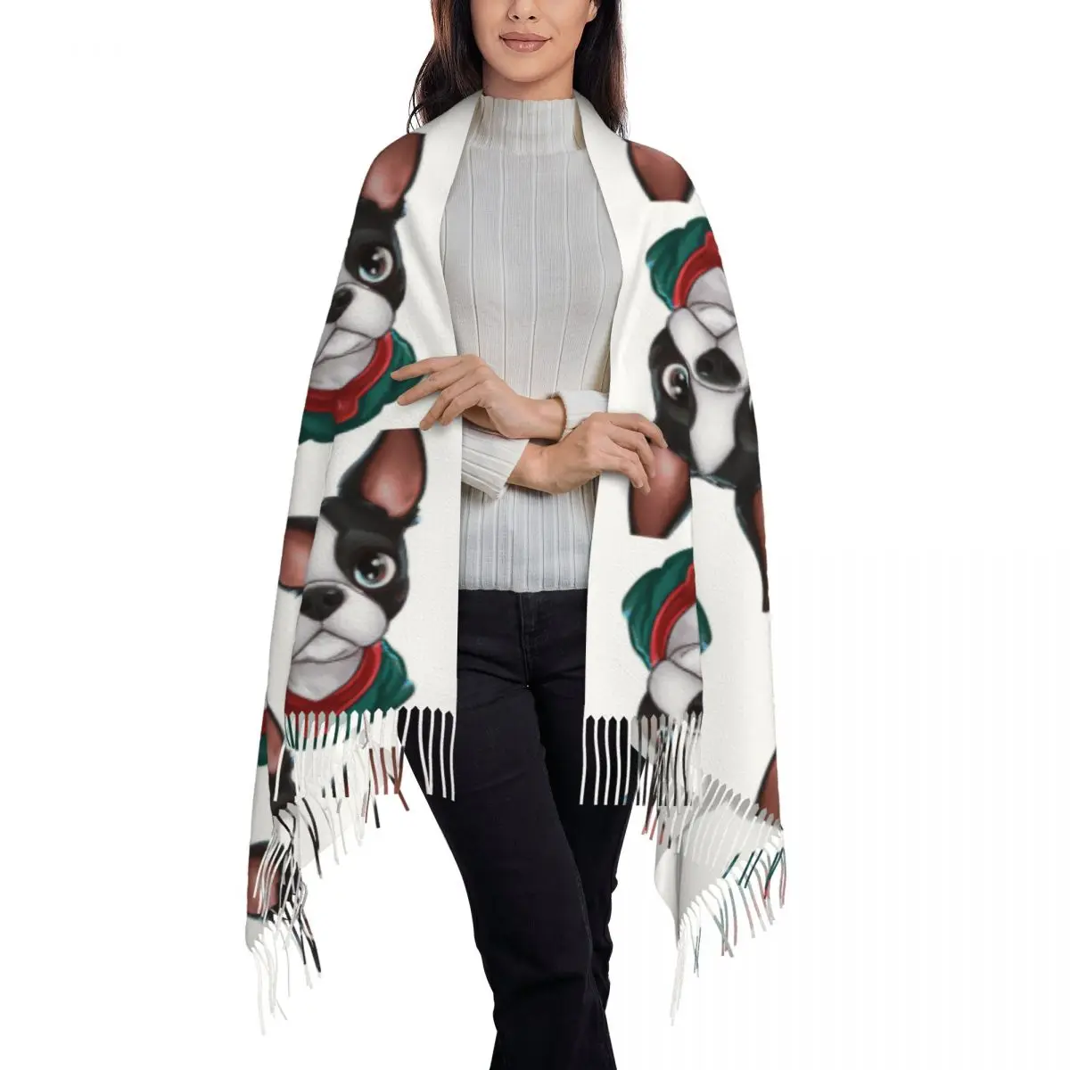 Cute Boston Terrier Drawing Cute Dog Scarf Tassel Scarves Women Soft Warm Shawls and Wraps Large Fall Winter Shawl Wrap