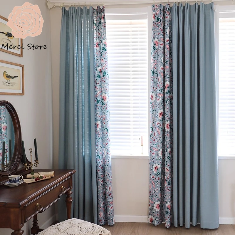 

Butterfly Flower Blue Spliced Blackout Curtains for Living Room Bedroom Floor Standing Custom Asian Style Thermal Insulated