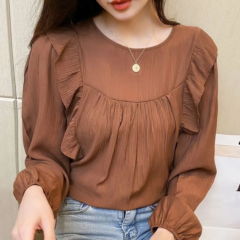 Women\'s Spring Autumn New Fashion Elegant Solid Round Neck Wooden Ear Edge Panel Lantern Sleeve Versatile Long Sleeve Shirt Tops