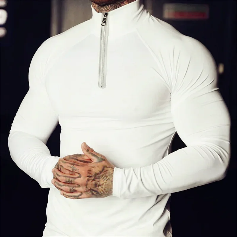 

Men's Straitjacket Fitness Compression T-shirt Casual Running Elastic Long Sleeve Tops Half Zip High Neck Tight training T-shirt