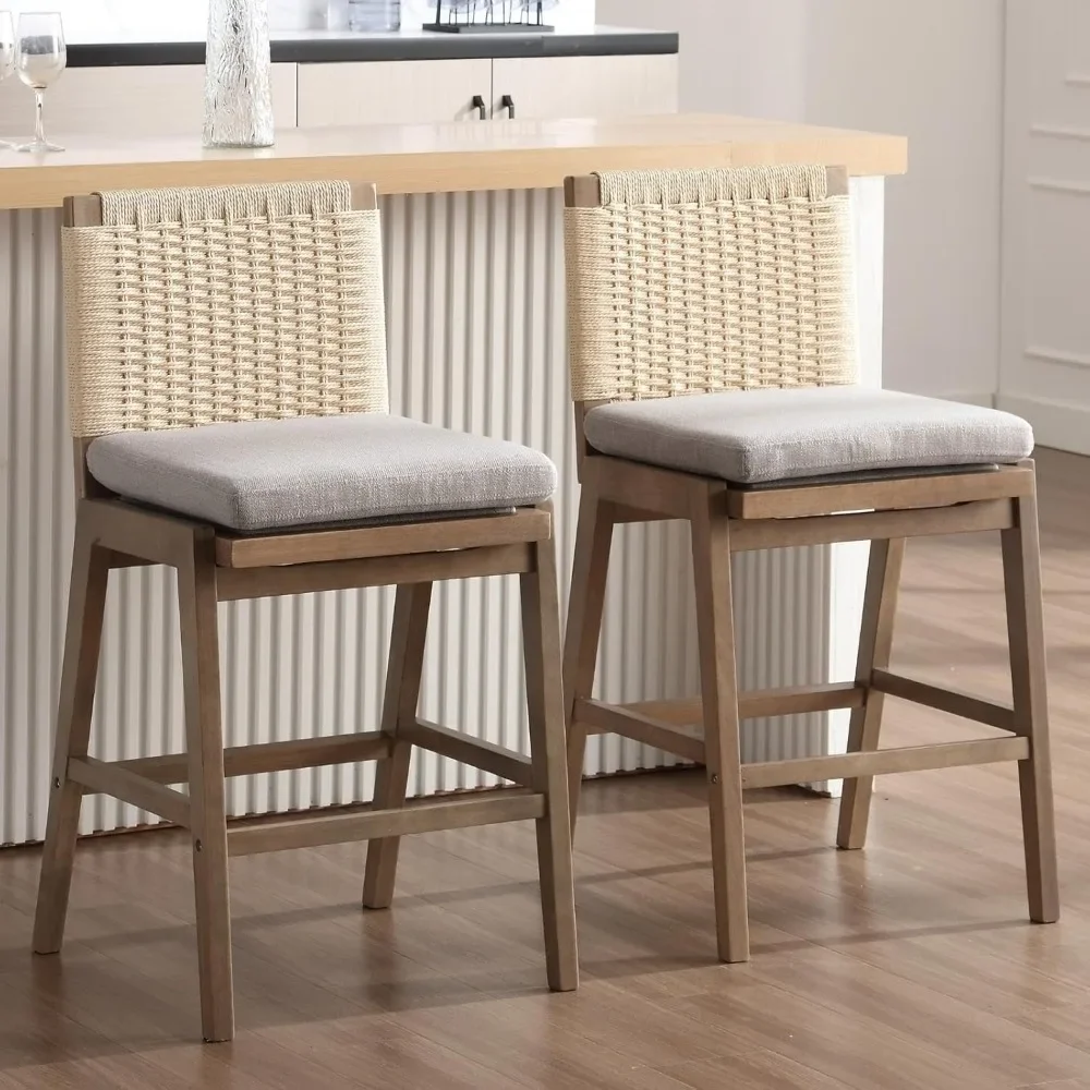 Taburetes de bar modernos, juego de 2, taburetes de bar de 27 pulgadas con respaldo tejido, silla de isla de cocina tapizada de lino con madera maciza