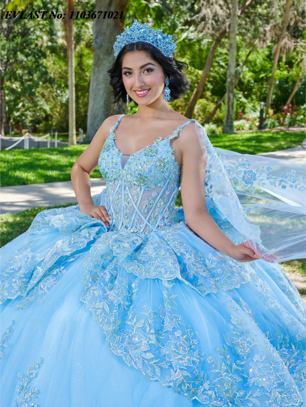 فستان Quinceanera مخصص من EVLAST فستان حفلة لامع مزين بالدانتيل مطرز بالخرز كيب متدرج مشد فيستدوس دي XV Anos SQ302