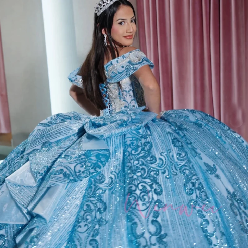 فساتين Quinceanera النسائية اللامعة المخصصة للفتيات على شكل قلب مكشوفة الكتف بفيونكة كبيرة للأميرة #1