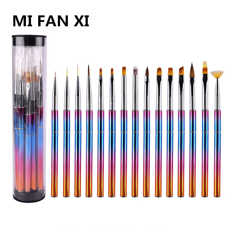 Rainbow Metal Nail Brush Nail Art Brush Line Painting Brushes Crystal Acrylic Thin Liner Drawing Pen Manicure Tools