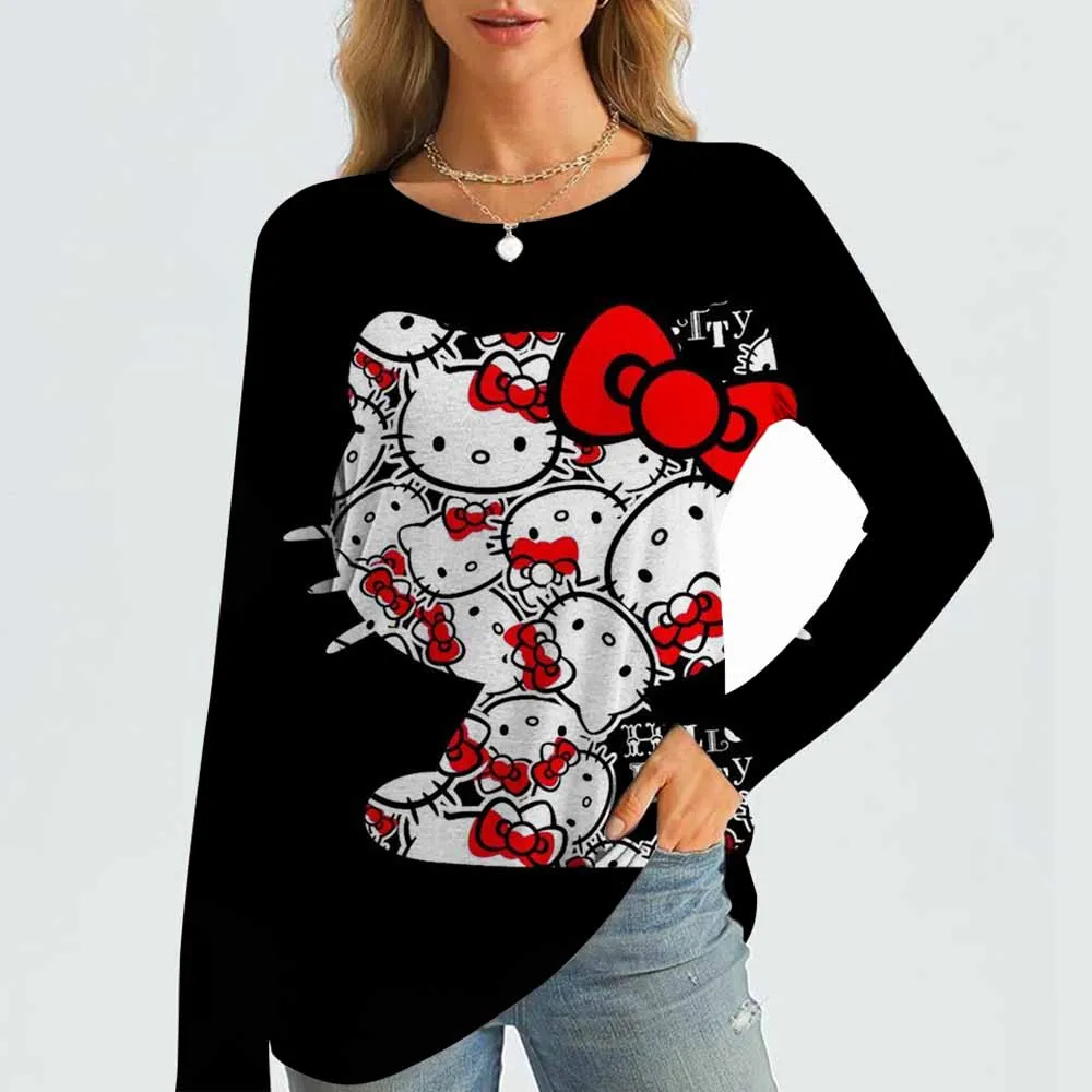 

Новинка 2023 года, женская модная футболка с длинным рукавом с принтом Hello Kitty, спортивная футболка для отдыха, милый полиэстер, ультратонкий круглый вырез, длинный рукав
