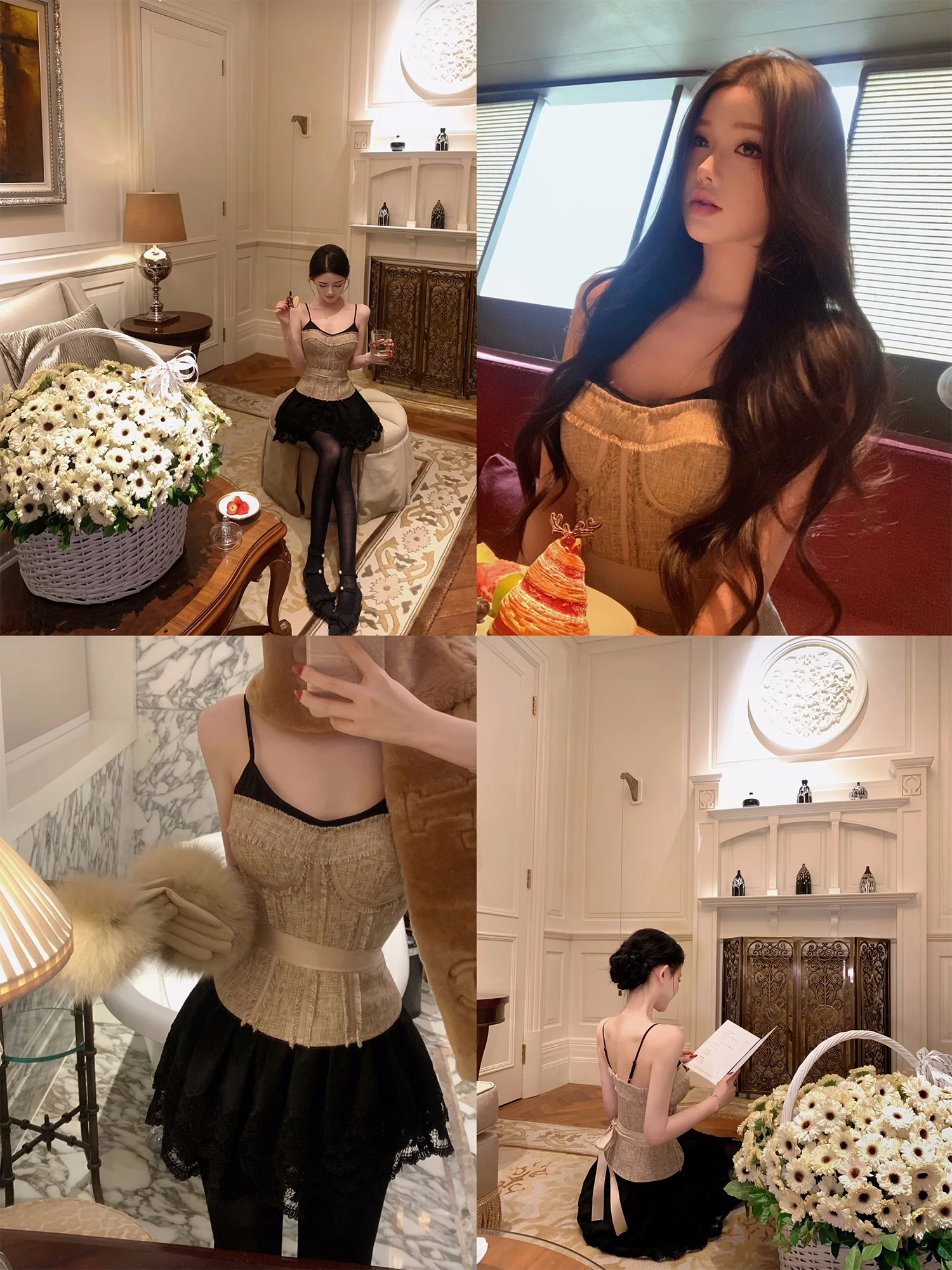 

JAYKY YANG Girl's Tea Par Hollow out Embroidered A-Line ort Skirt Set Casual Sle Spring Faion Two-Piece Women's Suit