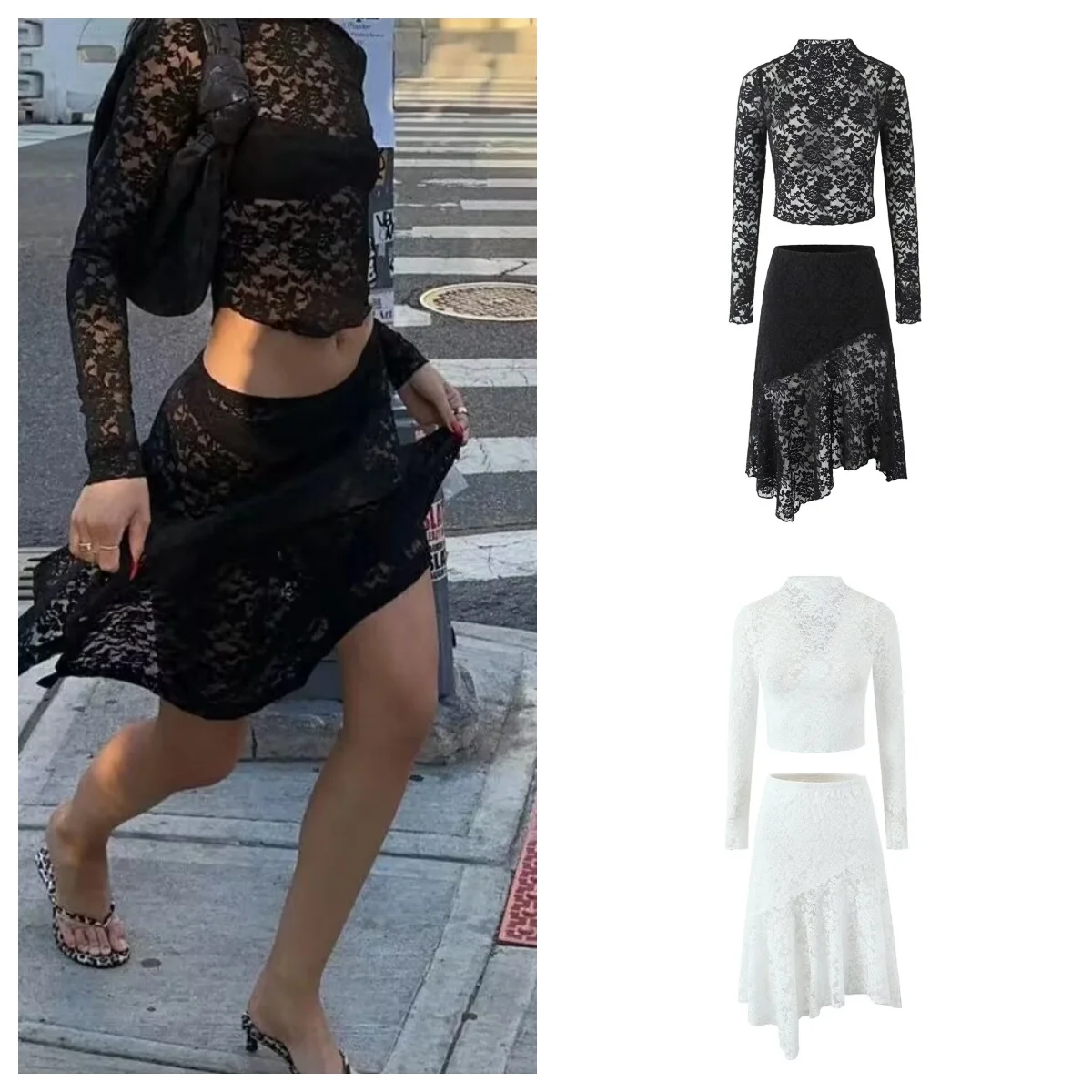 

See-through stand-up collar long-sleeved lace shirt with irregular skirt women's early autumn new sexy suit
