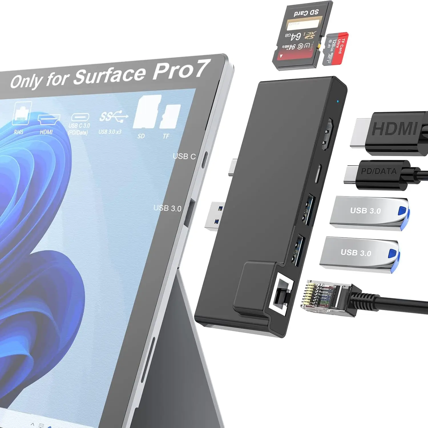 Microsoft Surface Pro 7 Docking Station 4K/60Hz HDMI,1000M Ethernet Adapter,60W USB-C PD Charging, SD/TF Fits Surface Pro 7 Only