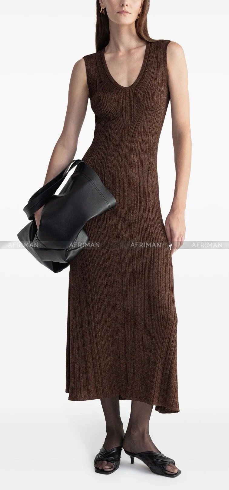 Women V Neck Sleeveless Coffee Color Slim Max Knit Dress