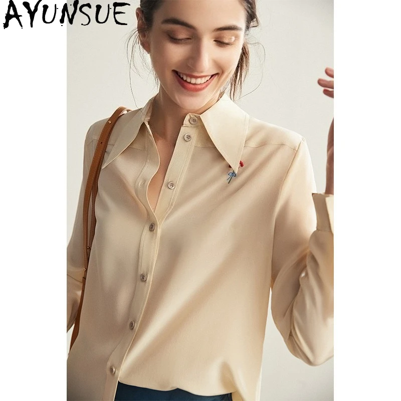 

AYUNSUE 100% Mulberry Silk Blouses for Women 2025 Long Sleeves Top Elegant Shirts Clothes for Woman Office Lady Blusas De Mujer