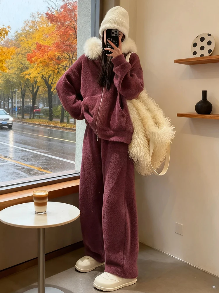 Modny, wyszczuplający damski komplet z dużym futrzanym kołnierzem, casualowy modny sweter, kurtka, szerokie nogawki, dwuczęściowy zestaw zimowy.
