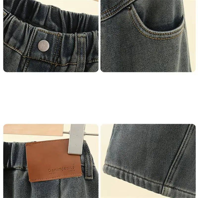 Kids Fashion Loose Straight Cut Jeans for Girls Wide Leg Cool Denim Pants Child Teenager Spring Elastic Waist Jeans Trousers