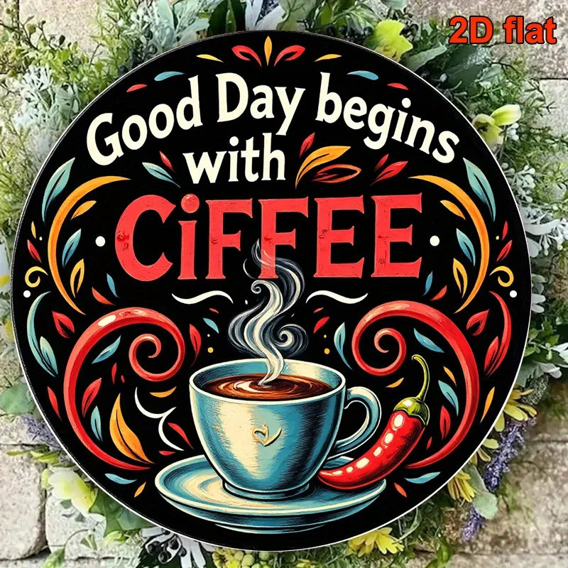 لافتة ألومنيوم مستديرة 2D، قطعة واحدة مقاس 20.32 × 20.32 سم - "يوم جيد يبدأ مع القهوة" ديكور حائط عتيق بخاري مزين بالزهور، مناسب