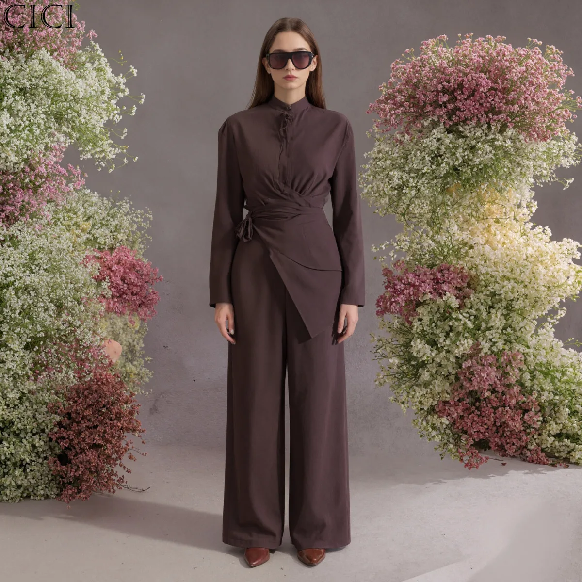 CiCi 2025 مجموعة ملابس النوم المستدامة الجديدة للنساء رابطة عنق مستديرة الخصر السراويل المستقيمة المشتركة ملابس مكتب الحد الأدنى #1