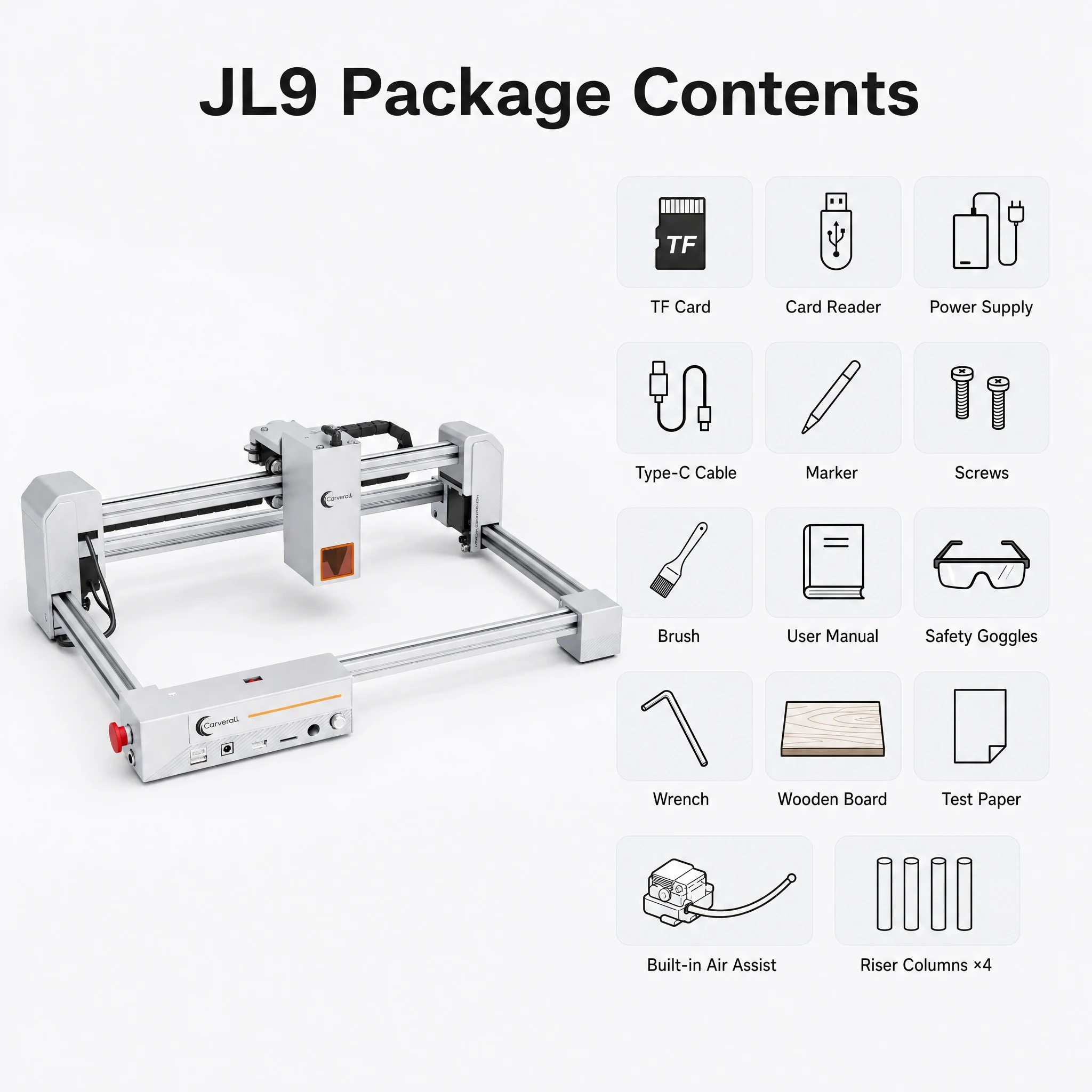 Carverall JL9 20W Laser-Gravierer & -Schneider, eingebaute Luftunterstützung und 4 Stützfüße, Drehvorrichtung, Wabenstruktur und 1W IR-Modul optional – Detail 20