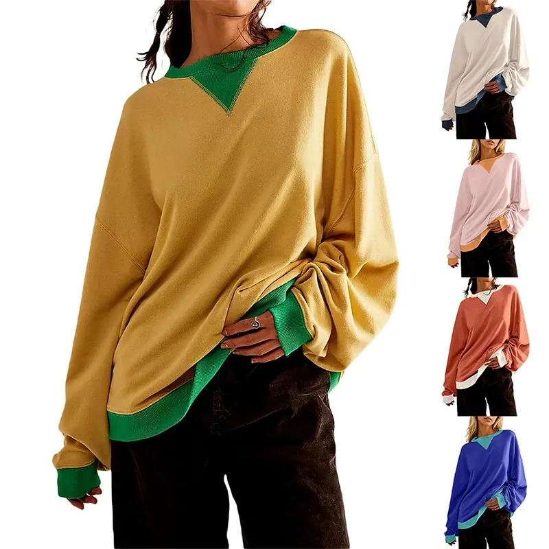 Women Fall Spring Sweatshirt Color Matching Round Neck Long Sleeves Loose Fake Two-piece Casual Daily Wear Mid Length Top