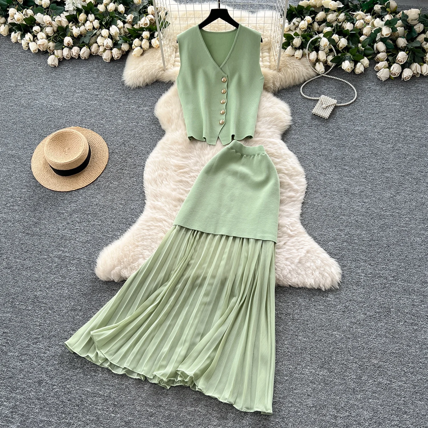 

Clothland женский элегантный жилет с юбкой, костюм в стиле пэчворк, рубашка без рукавов с v-образным вырезом, юбки-миди, шикарный комплект из двух предметов TA673