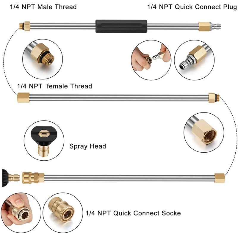 7 Pieces Pressure Washer Extension Wands 10Ft Replacement Lance, Curved Rod 30 Or 120 Degree, 6 Pieces Spray Nozzle Tips