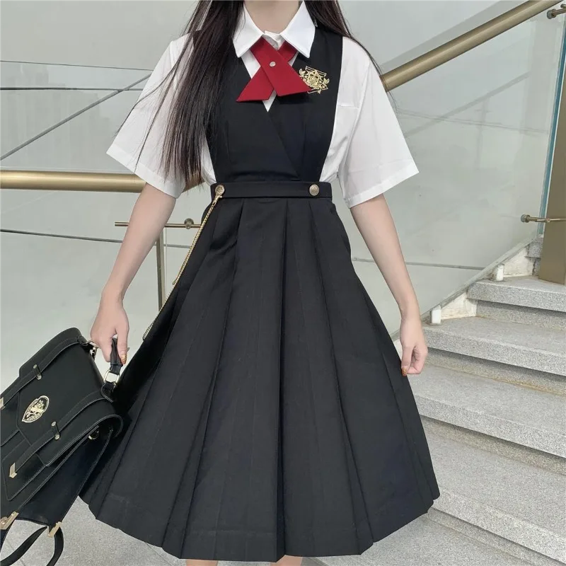 

2025 New Girl JK Shoulder Strap Dress Two-piece Set Female Preppy Short Sleeve Shirt+Japanese Korean Waist Cinching Slim Dresses