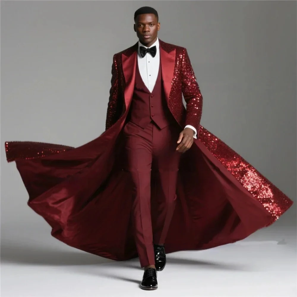 Trajes de lentejuelas brillantes color Burdeos para hombre, conjuntos de 3 piezas, chaqueta larga para novio con una hilera de botones, traje para hombre, esmoquin de boda, ropa masculina