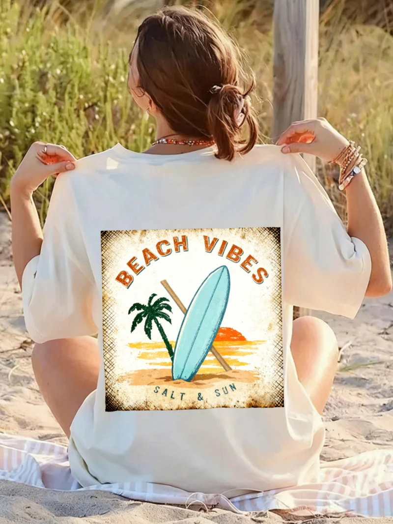 

Женская футболка для пляжного серфинга, доски для серфинга, пальмы, заката, с принтом «BEACH VIBES SALT», летний топ в стиле отдыха и отпуска