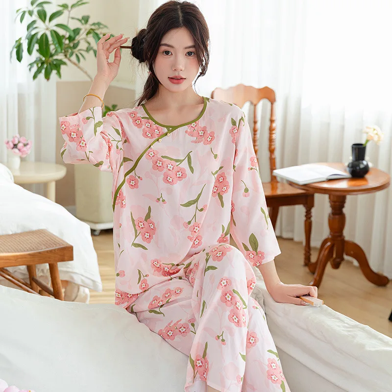 

Summer Women's Suit Spring Autumn Pajama Sets Chinoiserie Pijama Feminino Three-quarter Sleeves Trousers Sets Pyjama Pour Femme