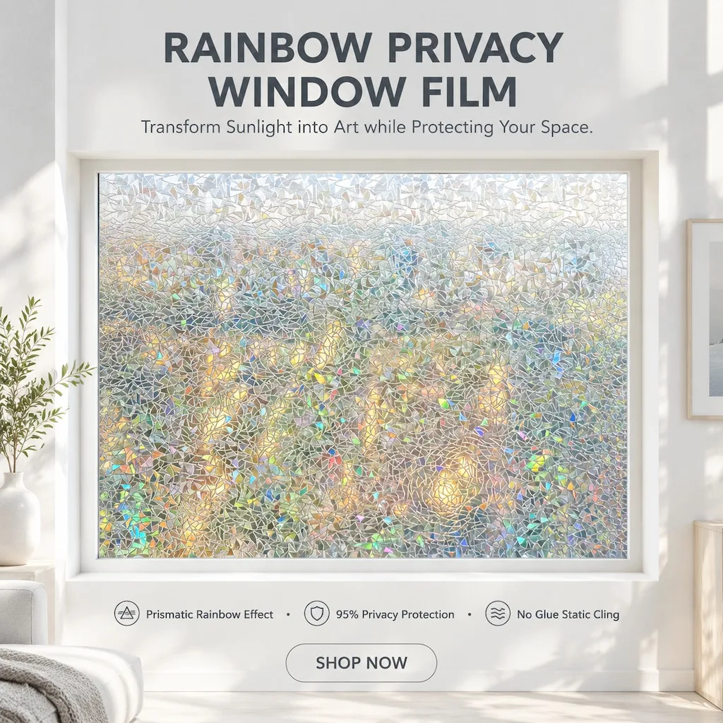 3D Rainbow Privacy Window Film Static Cling Prismatic Holographic Glass Sticker Non-Adhesive Film for Bathroom Bedroom