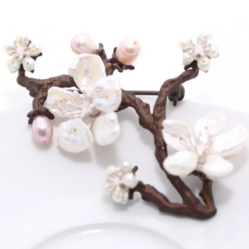 Pure Handmade Baroque Natural Freshwater Pearl Shell Flowers Brooch Pins Corsage Cherry Blossoms Branches Women Jewelry Gift 6cm