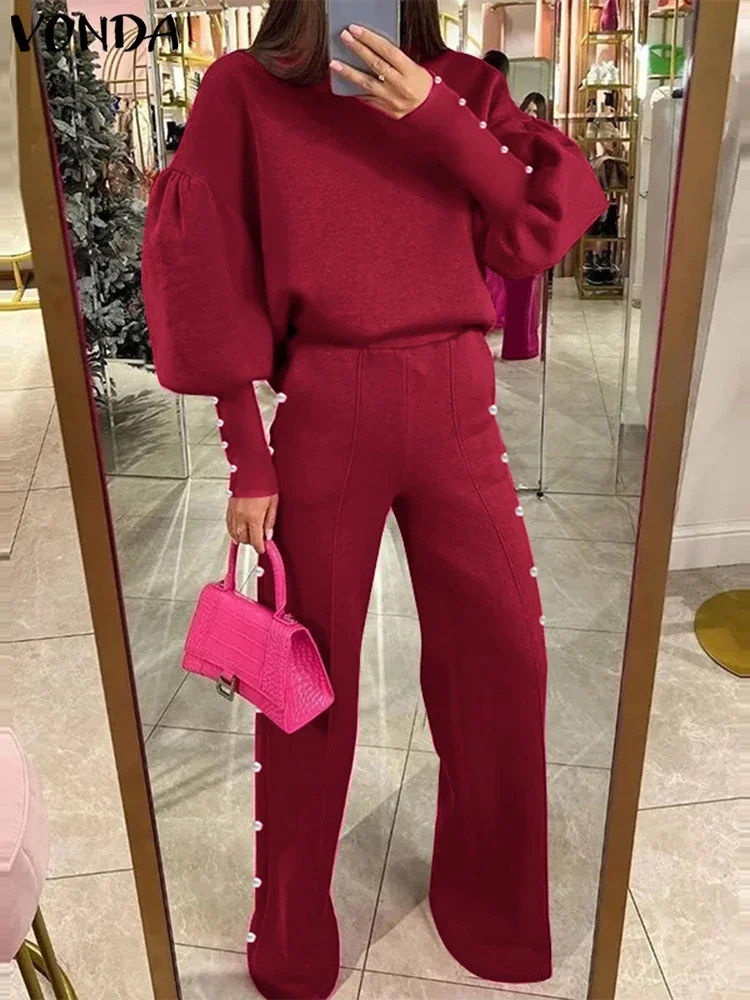 Vonda 2025 conjuntos de calças femininas elegantes verão 2 pçs manga longa lanterna topos calças soltas causal sólido combinando ternos oversized