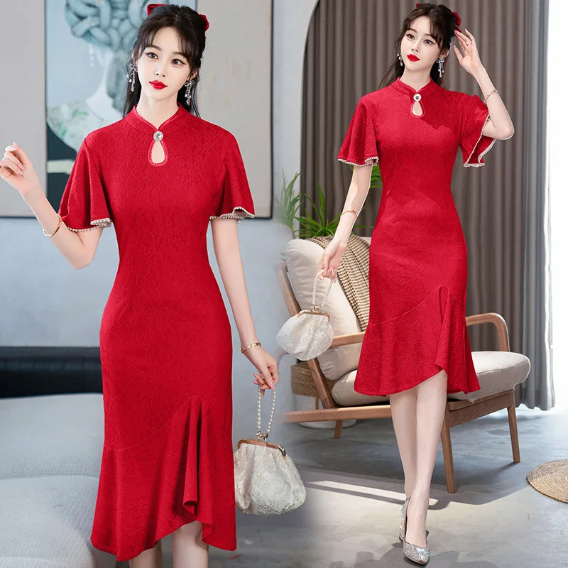 

FZSLCYIYI Chinese Traditional Women Clothing Bridal Wedding Cheongsam Modern Improved Red Qipao Dress