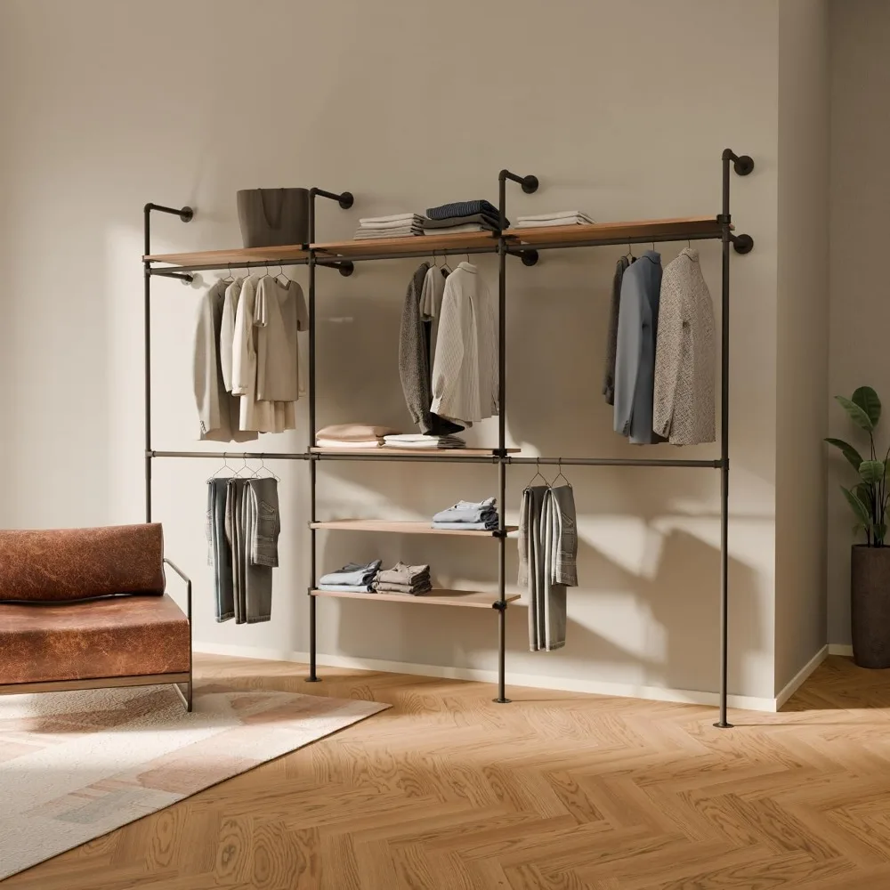 

Industrial Pipe Clothing Rack with Shelf Capacity - Wall Mounted Clothes Rack and Walk In Closet with Wooden Shelf for Wardrobe