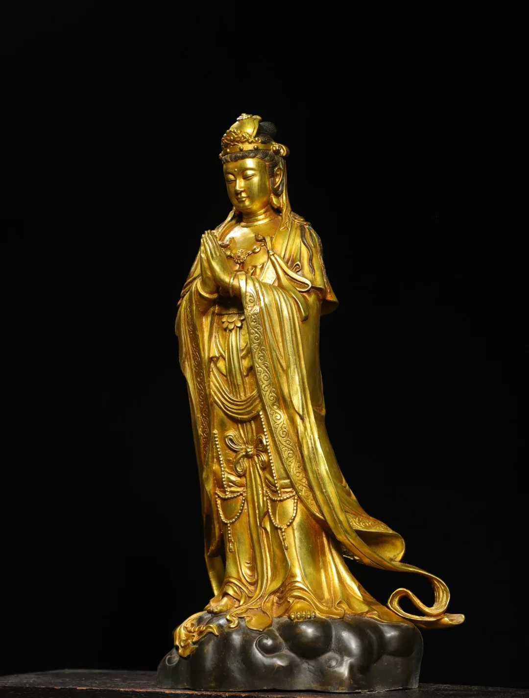 

20"Nepalese temples Old Bronze Gilded Cinnabar High Relief Amitabha Guanyin Bodhisattva Station Buddha Worship Hall