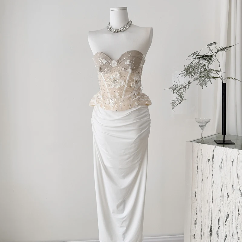 

Two Piece Skirt Sets Women Outfits Pearl Flower Beaded Strapless Cropped Tops Elastic High Waist Female Skirt Suits Wedding Sets