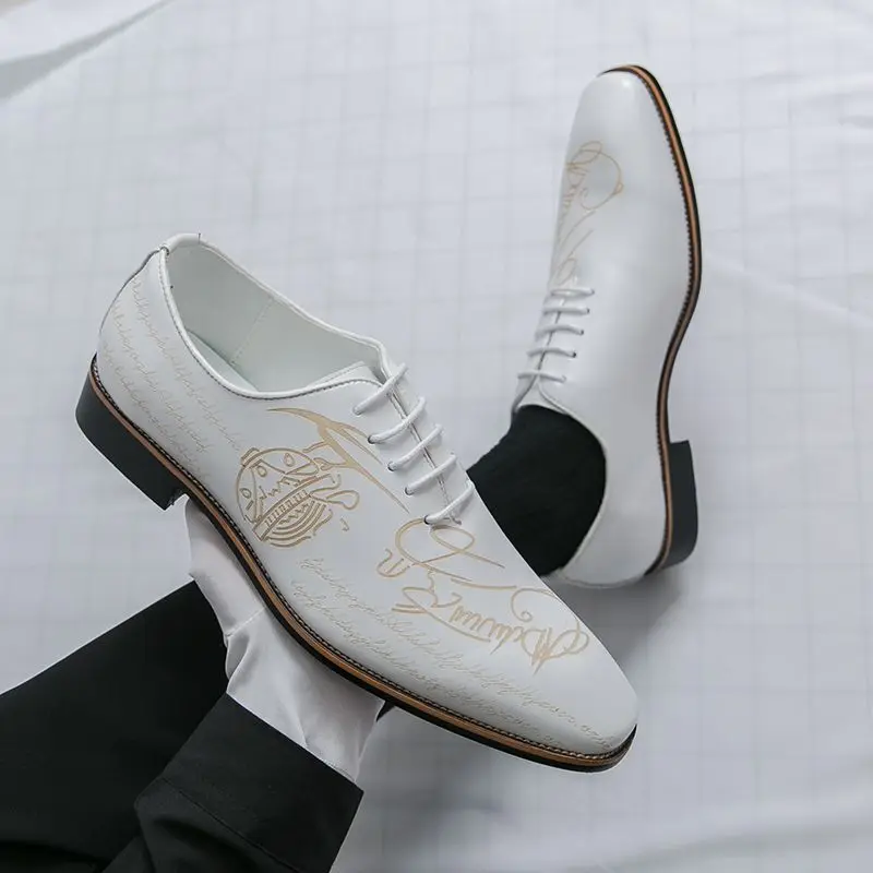 

Printed Trendy Casual Leather Shoes Men British Style Pointed-toe Business Formal Derby Shoes Man Carved Banquet Wedding Shoes