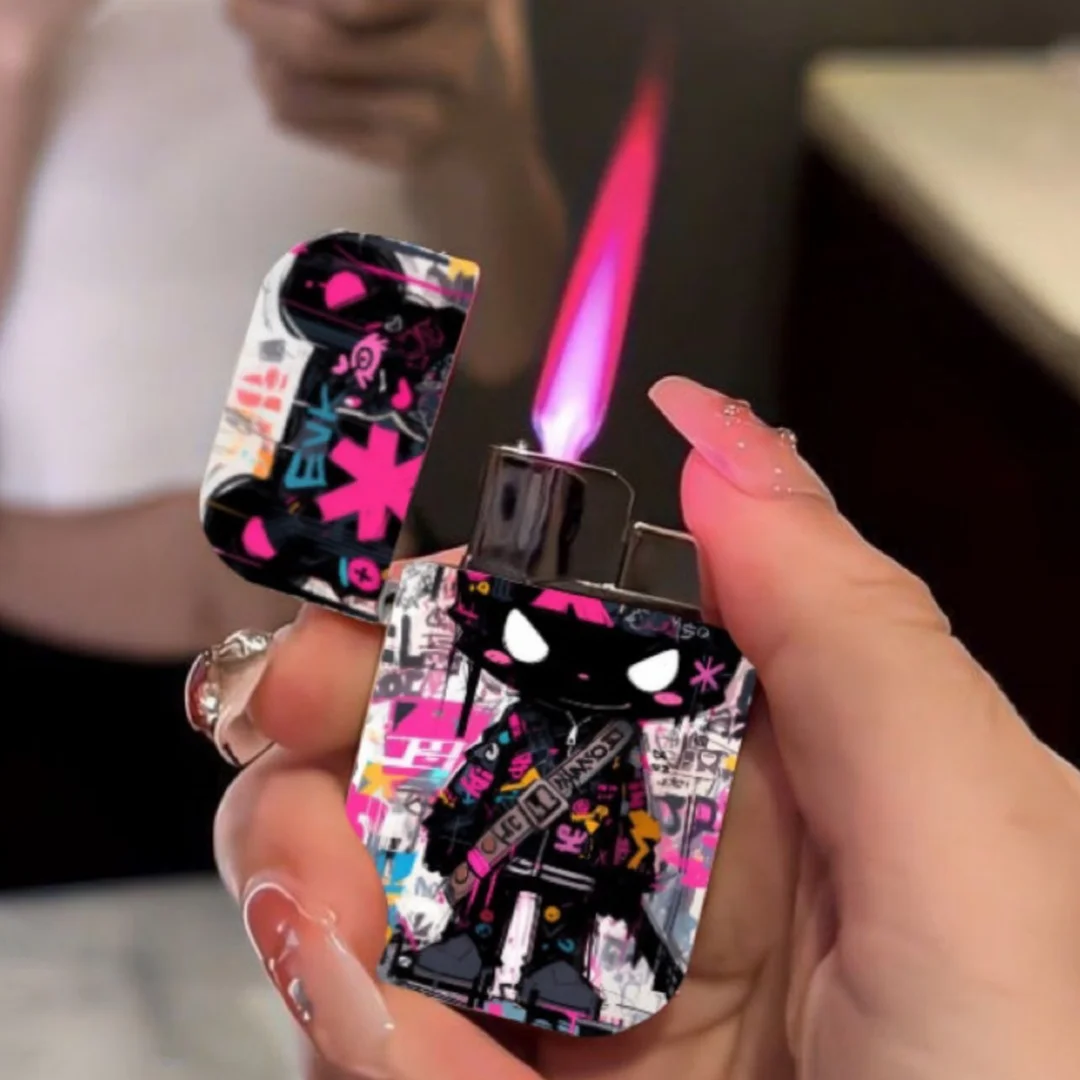 Color Print Lighter Metal Body Windproof Pink Flame Personalized Pattern Inflatable Lighters Cigar Accessories Men\'s Gadgets