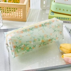 Large Capacity Transparent Zipper Pencil Case Kawaii Flower Pen Bag Waterproof Pencil Pouch Organizer Stationery School Supplies