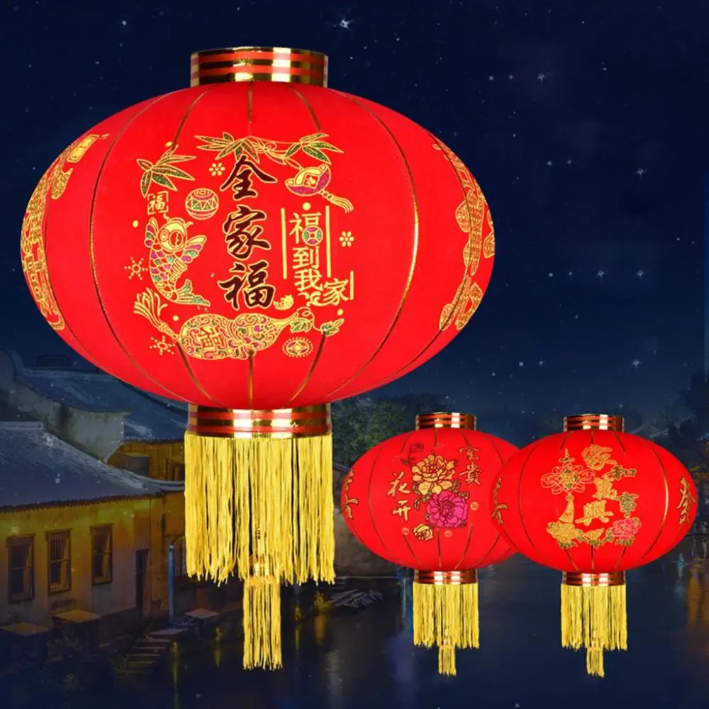 Durchmesser 38cm rote Beflockung Stoff Laterne im Freien Neujahr chinesische Frühlings fest Dekoration Weihnachts laterne für Wohnkultur