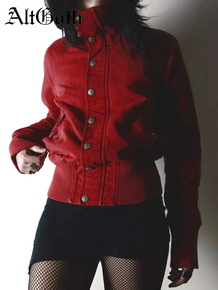 

AltGoth Streetwear Cyber Punk Red Jacket Women Y2k E-girl Harajuku Grunge Dark Gothic Sexy Patchwork Long Sleeve Coats Female