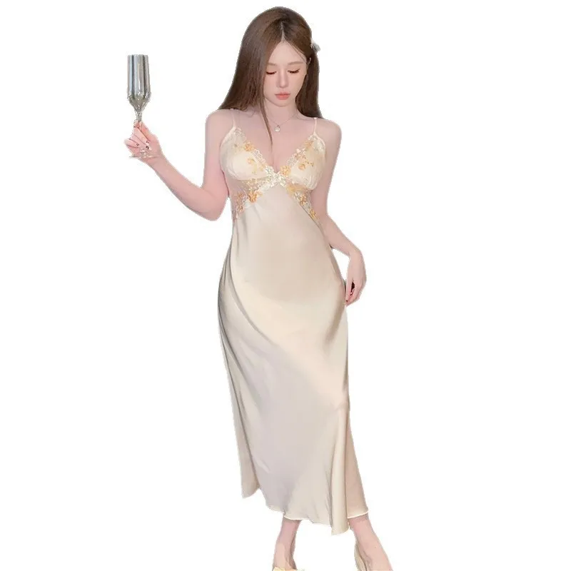Pajamas Women's Long Nightgown with Chest Pad Two-piece Set High-end Elegant Long Skirt Nightgown Loungewear 5