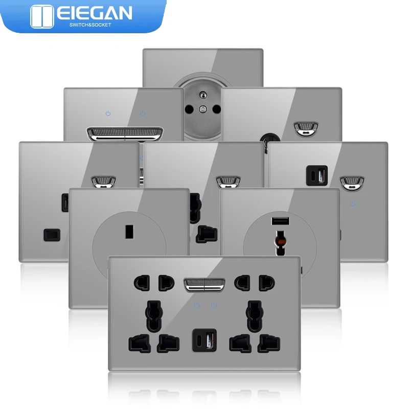 

ELEGAN Grey Wall LED Indicator Light Switch Panel Tempered Glass Self-reset 1/2/3/4 Gang 1/2 Way Switch EU Universal USB Socket