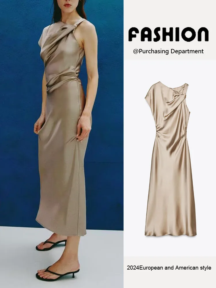 فستان نسائي جديد لموسم الربيع، أنيق بملمس الساتان، مزين بالطيات، خصر مرتفع، تصميم A-line طويل، مناسب للعمل، برقبة مستديرة #1