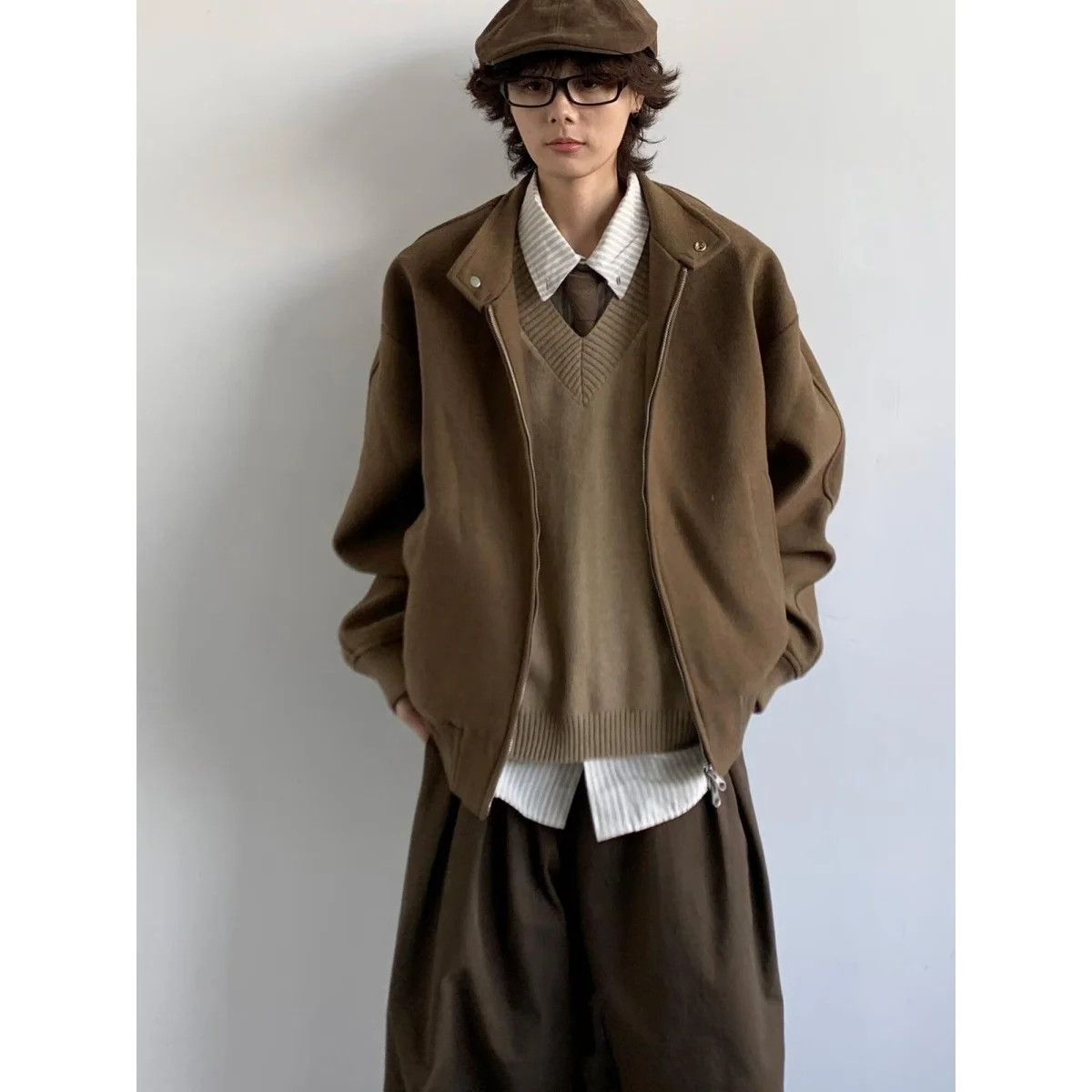 

Spring Autumn Loose Fit Stand Collar Zipper Jaet Men's Vertical Stripe Outerwear Casual ex Stand Size Polyester