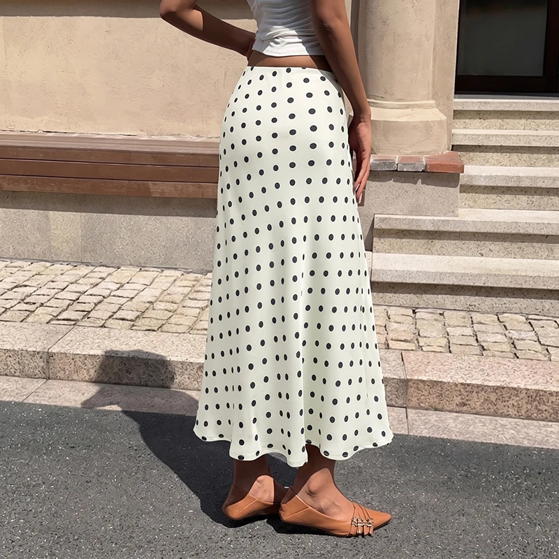 2026 new vintage peach-colored high-waisted polka dot floor-length dress, women's professional wear midi skirt