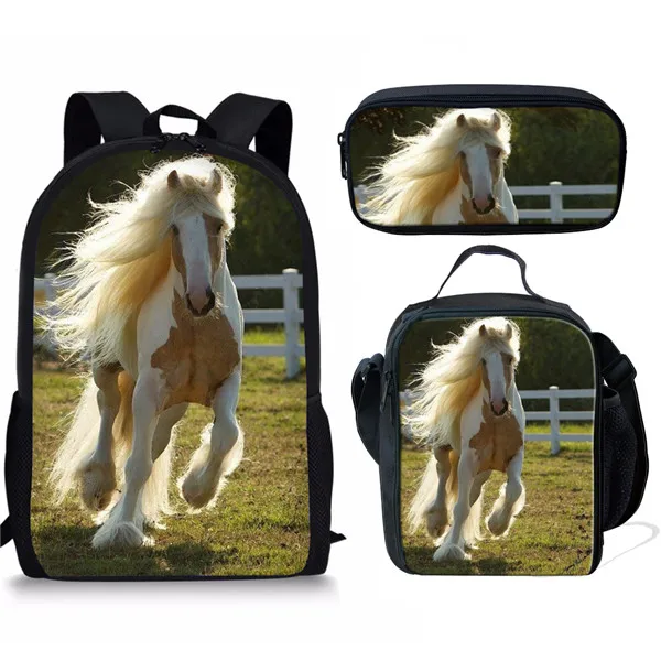 Fashion Popular Novelty Funny Fire Crazy Horse 3D Print 3pcs/Set pupil School Bags Laptop Daypack Backpack Lunch bag Pencil Case