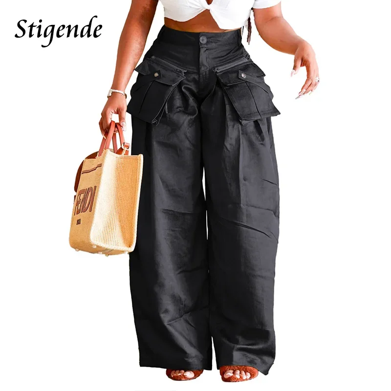 Stigende Wide Leg Loose Cargo Pants Women Patchwork Stretch Straight Baggy Trousers Removable Pocket Hip Hop Pants Streetwear