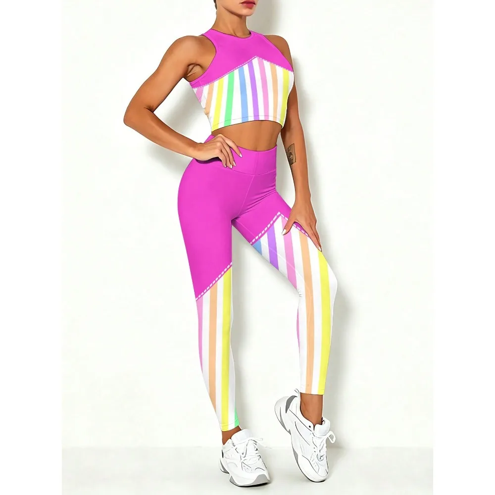 

Women's Tank Top Yoga Pants Set 3D Printing Rainbow Stripes Pink Base Color Block Design Everyday Outdoor Sports And Fitness Clothing,Breathable And Comfortable