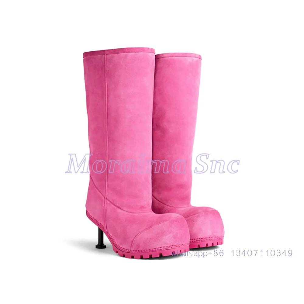 2024 Pink Big Round Toe Knee High Boots Thin High Heel Slip On Runway Women\'s Long Snow Boots New Arrivals Autumn Winter Warm