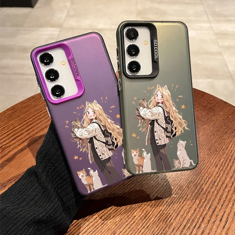 For Samsung Galaxy Note 20 9 S 10 20 21 22 23 24 Plus Ultra A04 03 05 10 S 4G PRO Colorful Soft Phone Case Curly haired girl cat