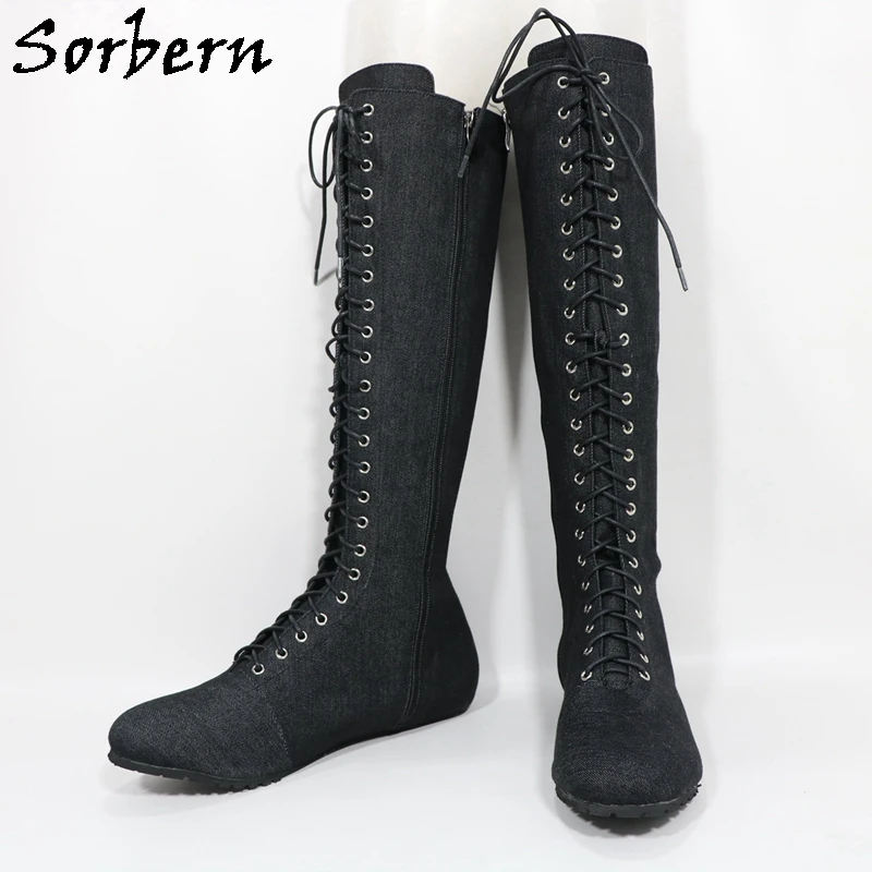 Sorbern Black Matt Unisex Boots Women Flat Heels Round Toe Knee High Lace Up Custom Shaft Length Calf Width Multi Colors